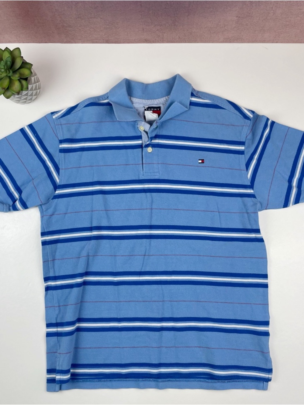 Tommy Hilfiger Blue White Stripe Short Sleeve Polo Collared Shirt Boy Medium